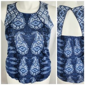 Lucky Brand Blue Paisley Tank TOP Womens Size M Sleeveless Open Triangle Back